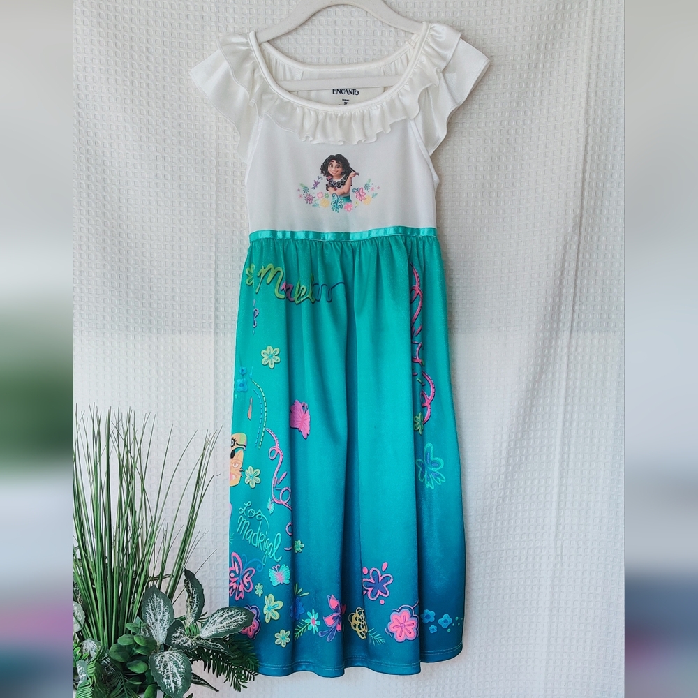 Disney Encanto Little Girls Teal & White Long Sleeping Gown Size 5T